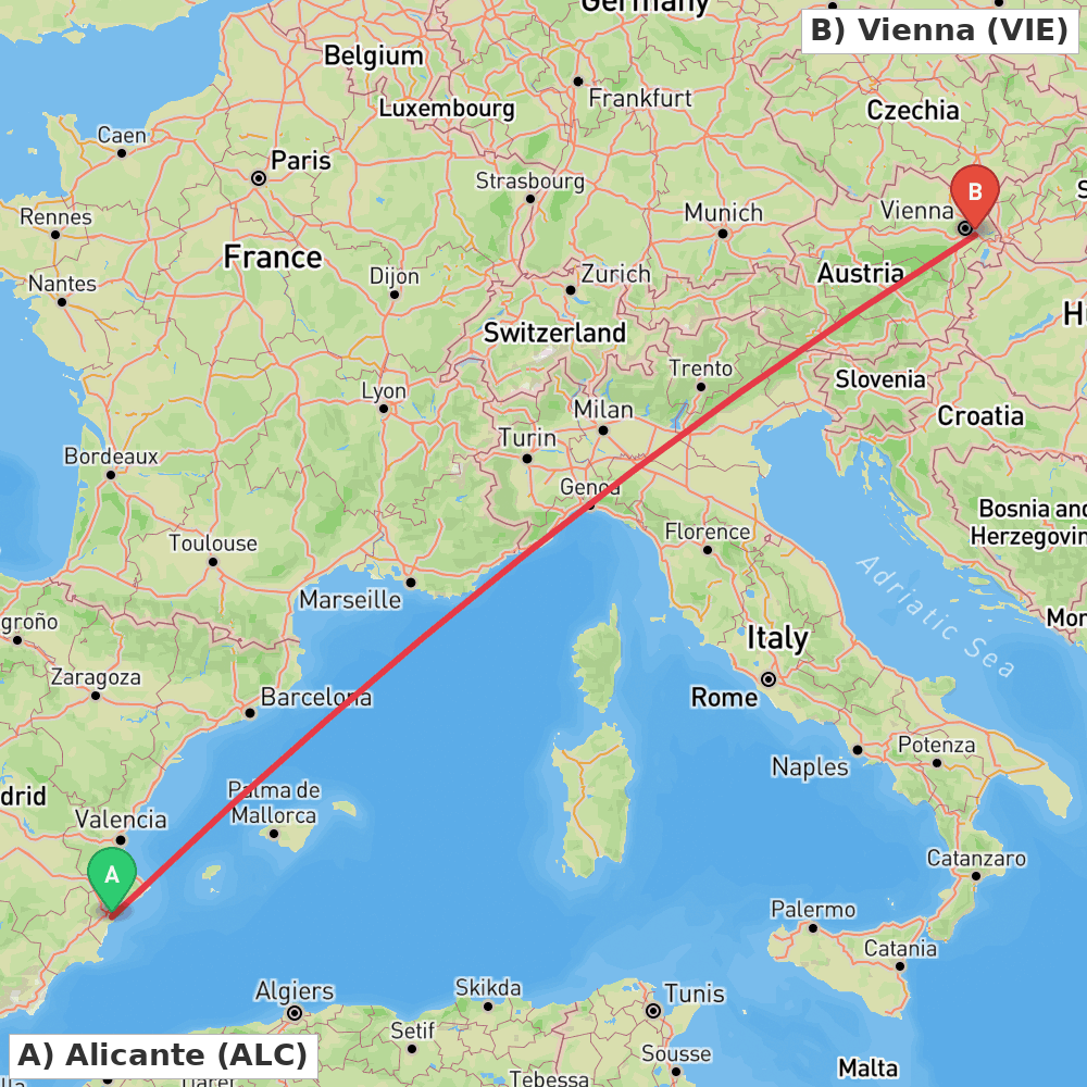 Flight route map from Alicante to Vienna