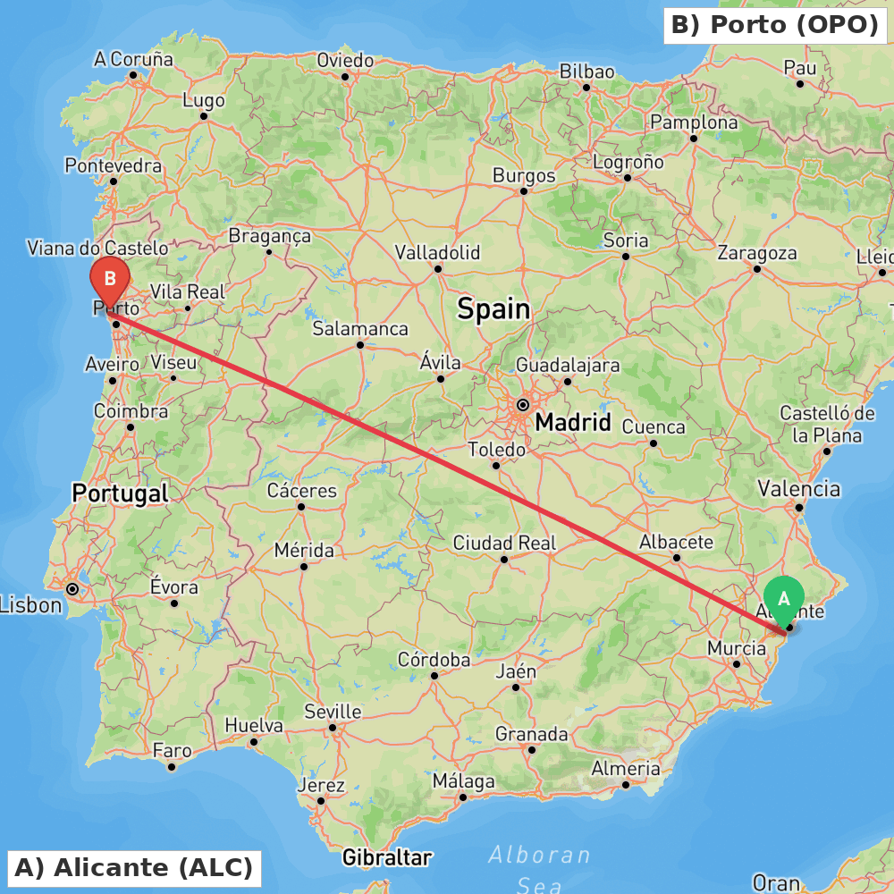 Flight route map from Alicante to Porto
