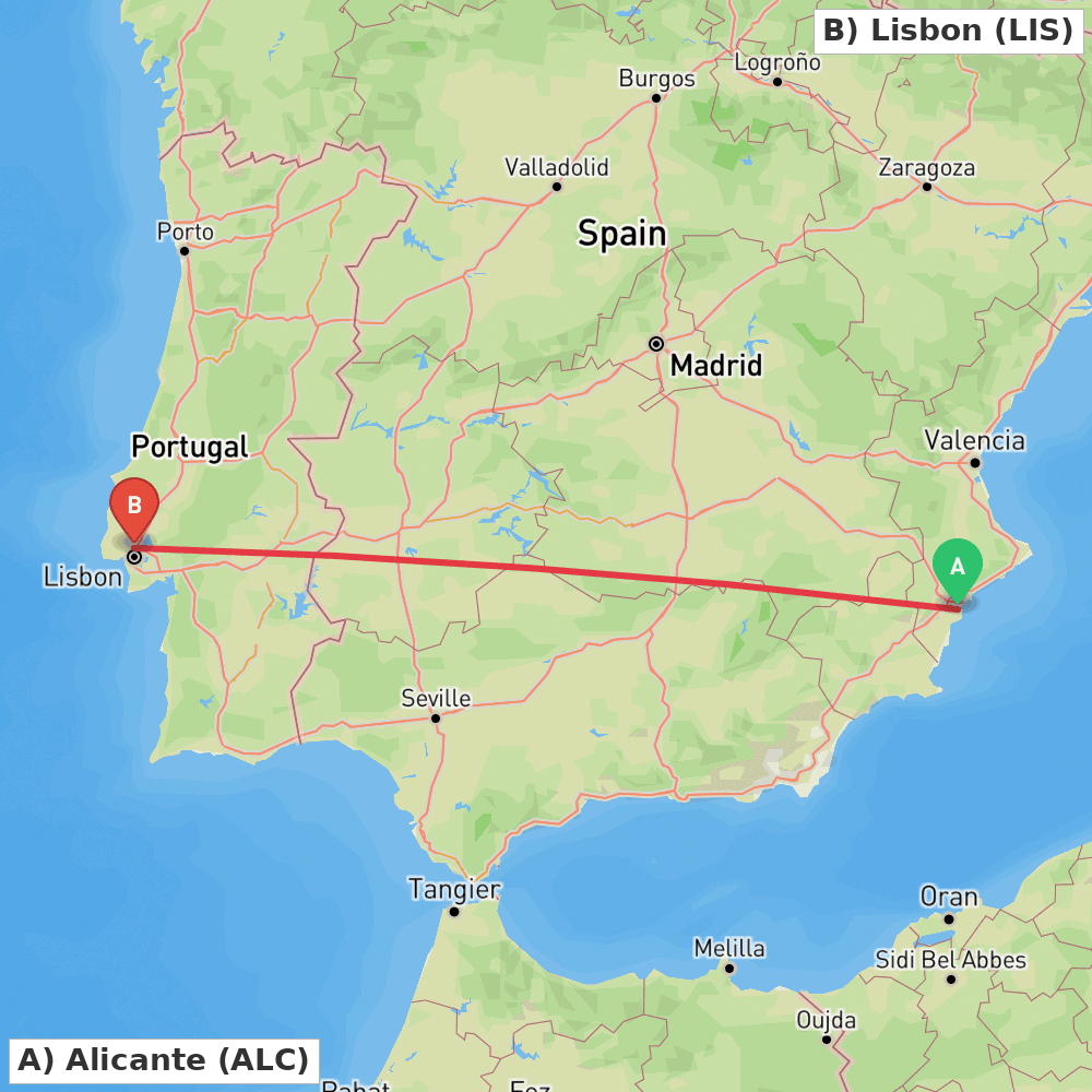 Flight route map from Alicante to Lisbon