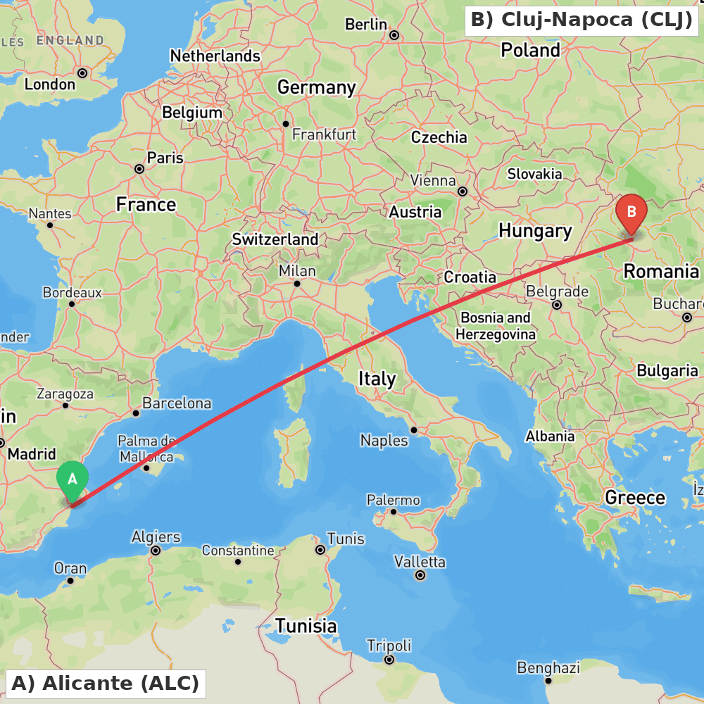 Flight route map from Alicante to Cluj-Napoca
