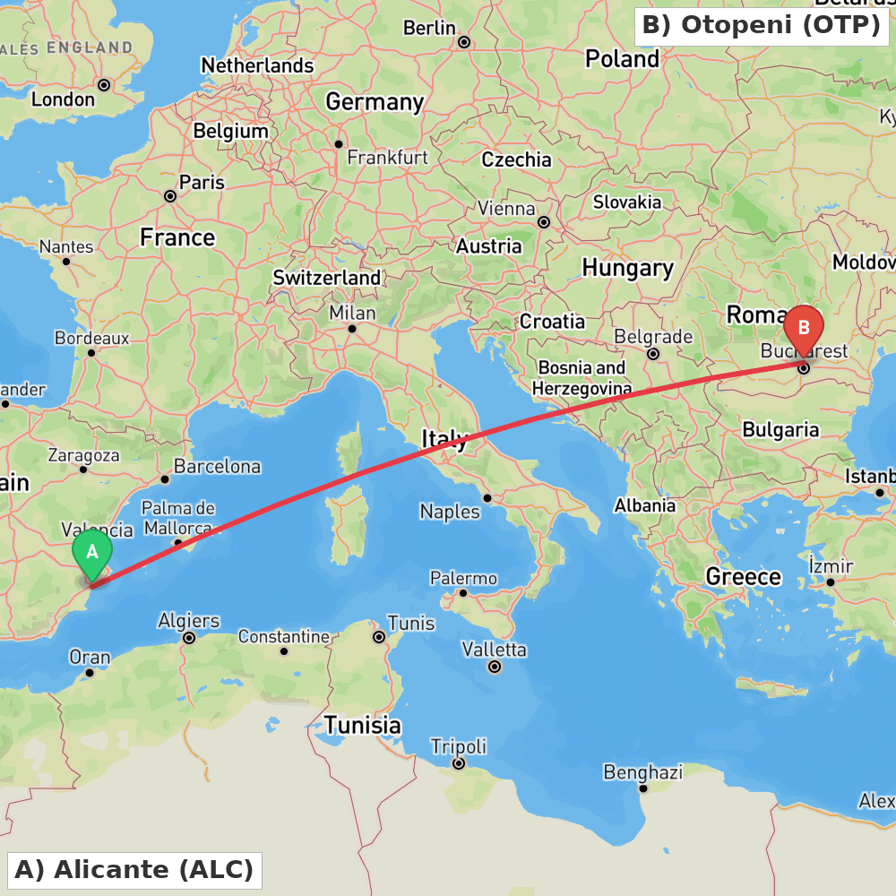 Flight route map from Alicante to Otopeni