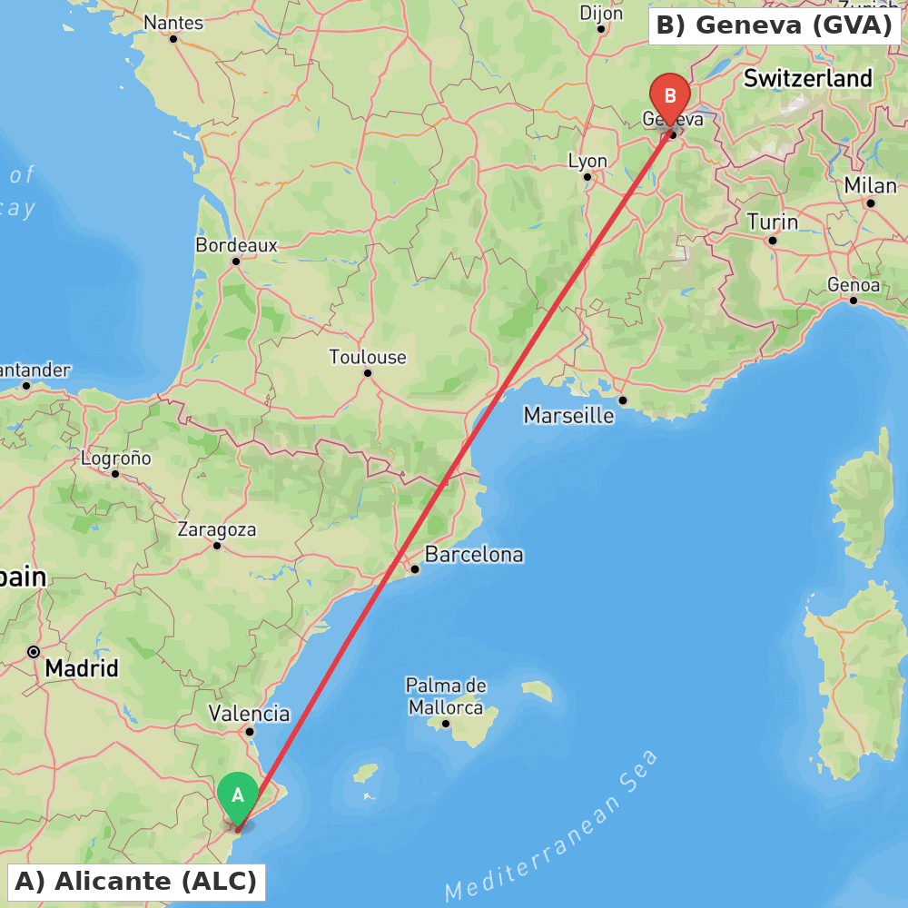 Flight route map from Alicante to Geneva