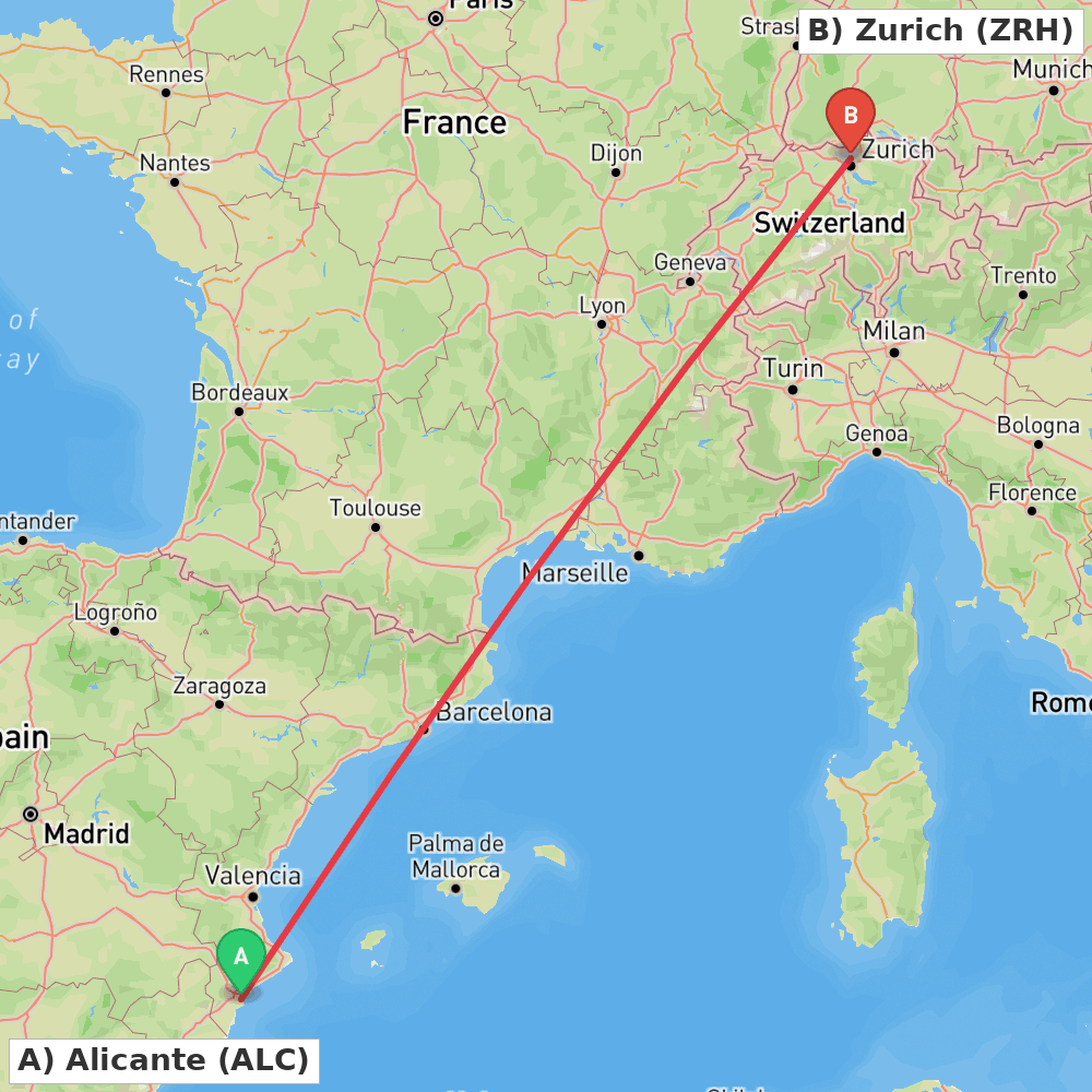 Flight route map from Alicante to Zurich