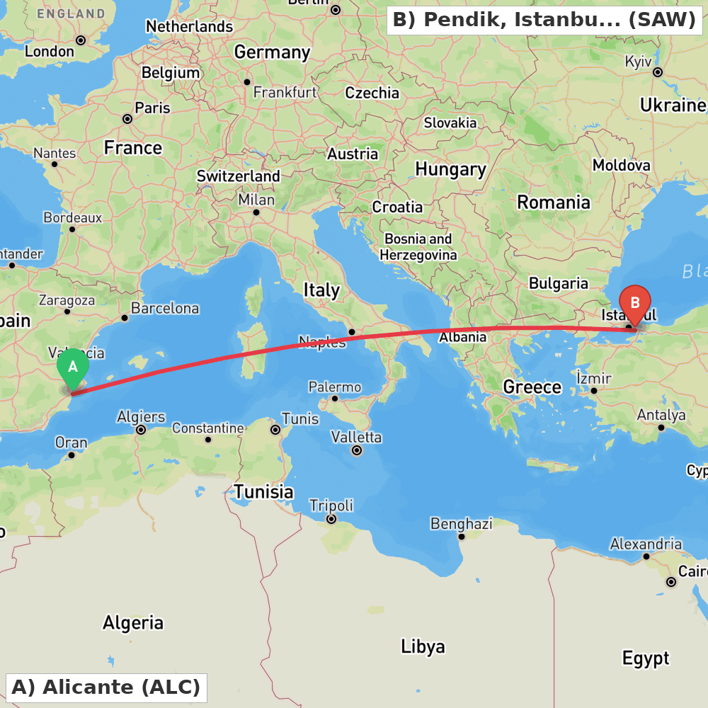 Flight route map from Alicante to Pendik, Istanbul