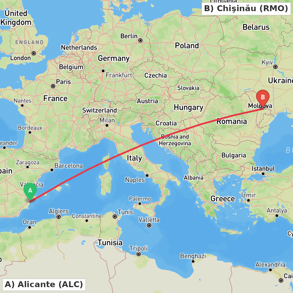 Flight route map from Alicante to Chişinău