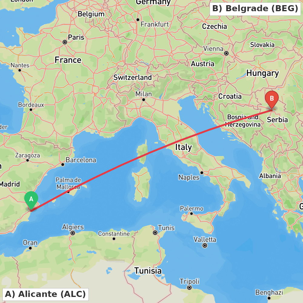 Flight route map from Alicante to Belgrade
