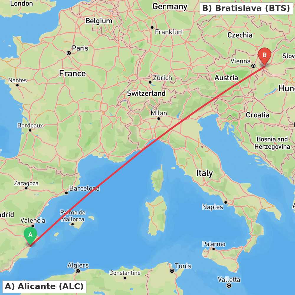 Flight route map from Alicante to Bratislava