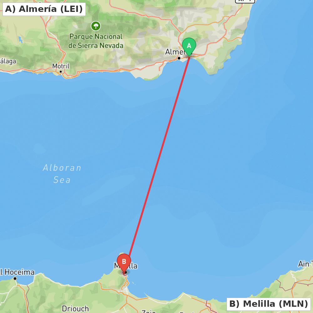 Flight route map from Almería to Melilla