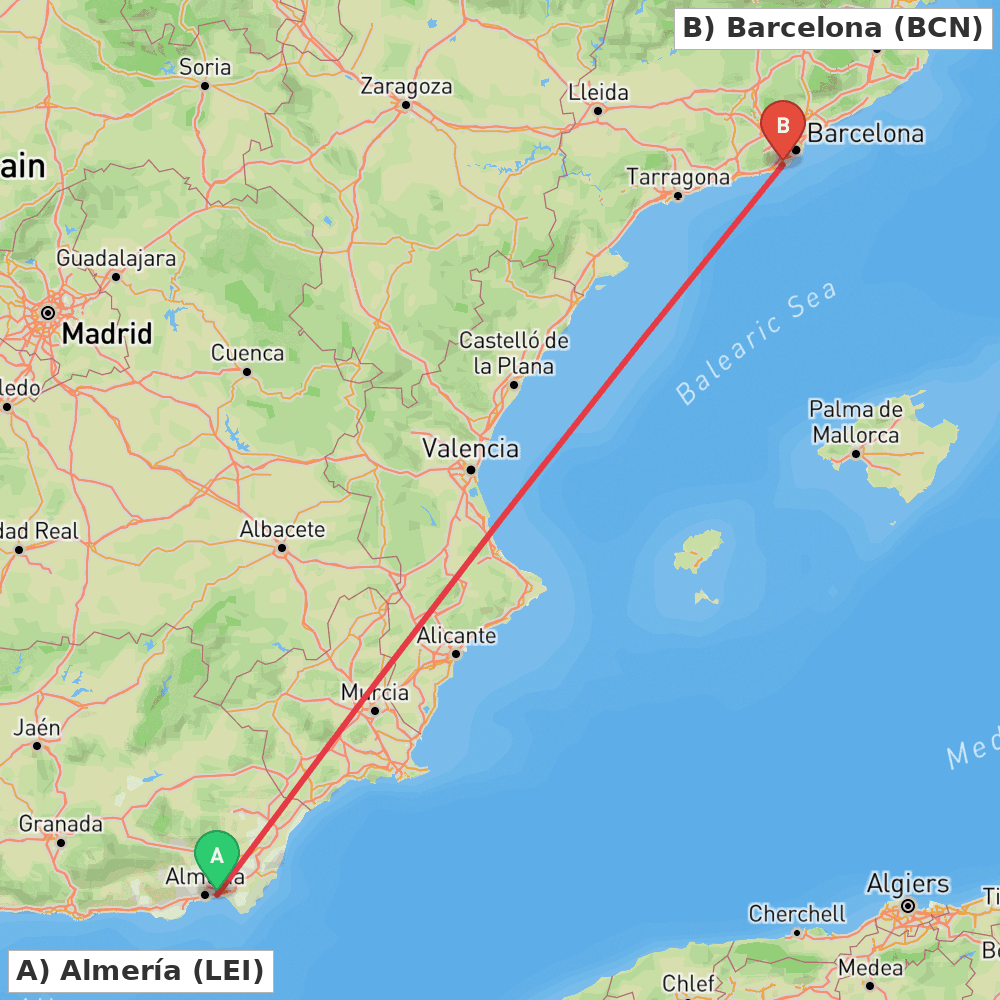 Flight route map from Almería to Barcelona