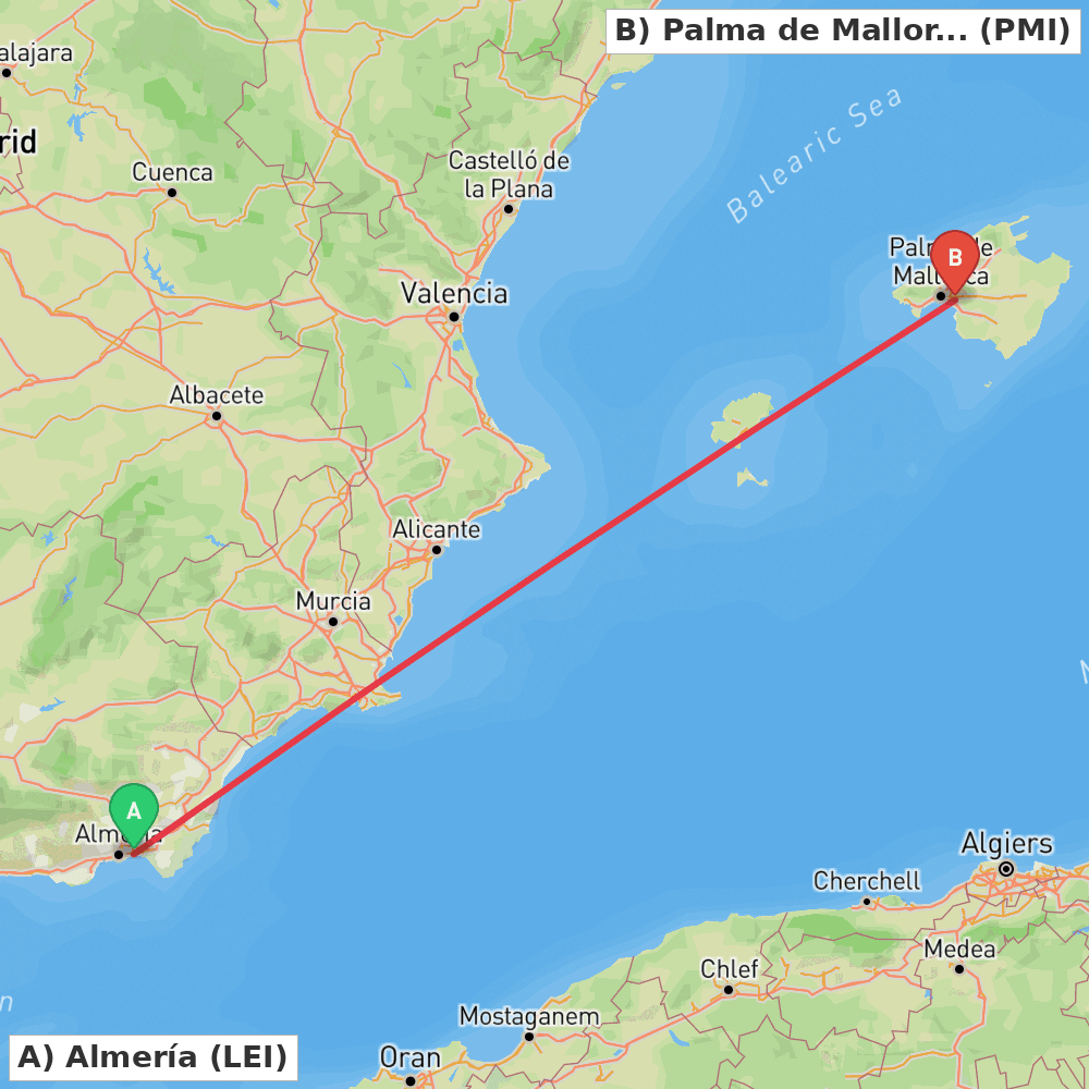 Flight route map from Almería to Palma de Mallorca