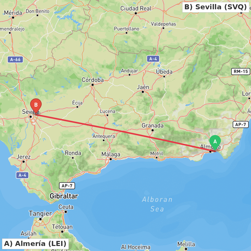 Flight route map from Almería to Sevilla
