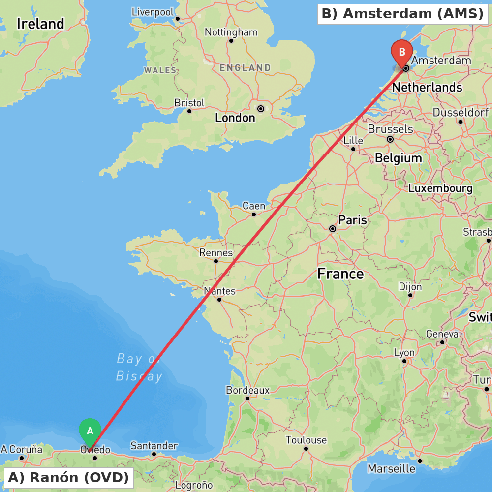 Flight route map from Ranón to Amsterdam
