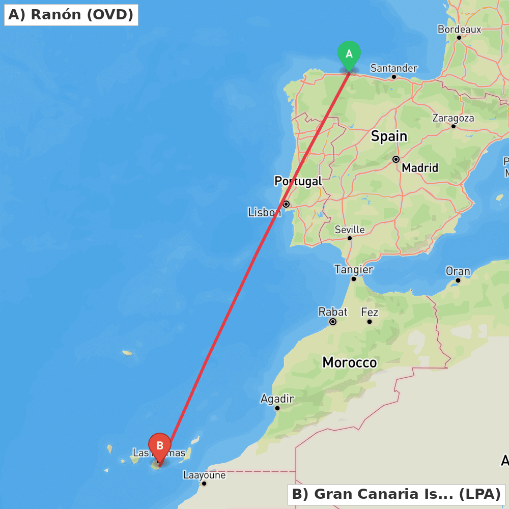 Flight route map from Ranón to Gran Canaria Island