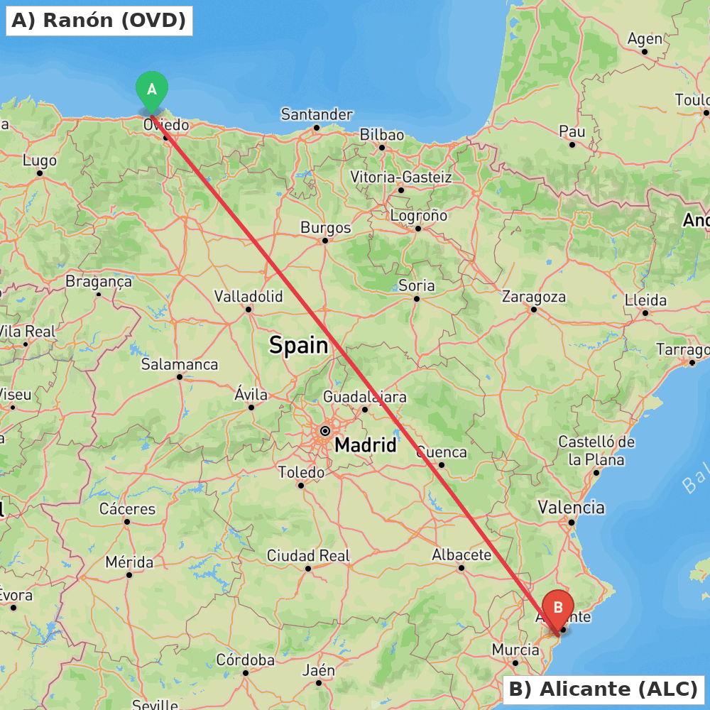 Flight route map from Ranón to Alicante