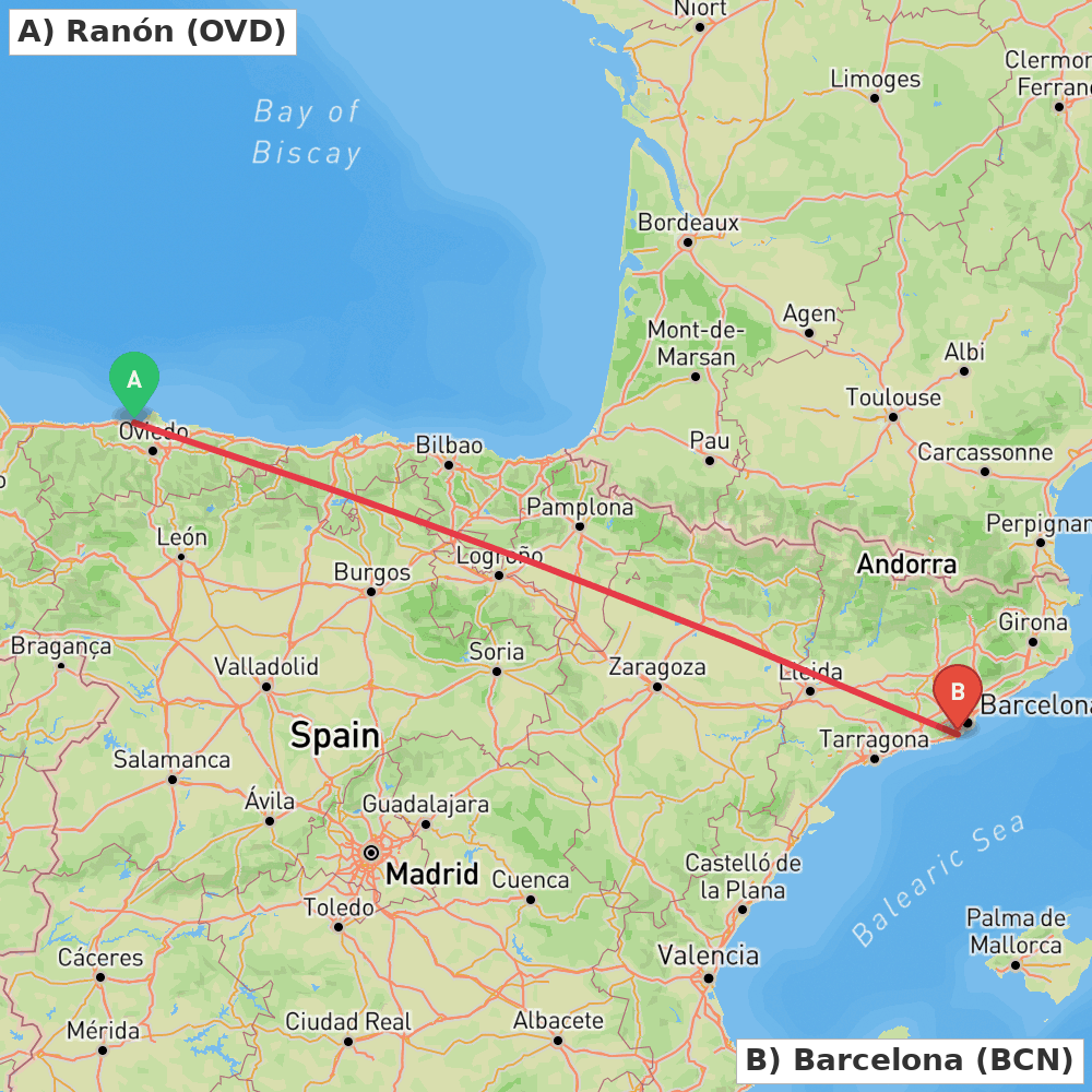 Flight route map from Ranón to Barcelona