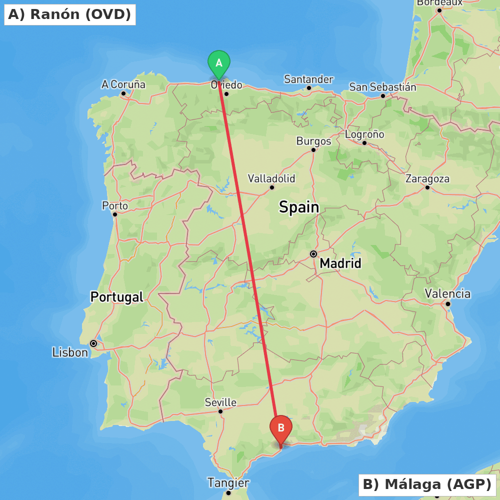 Flight route map from Ranón to Málaga