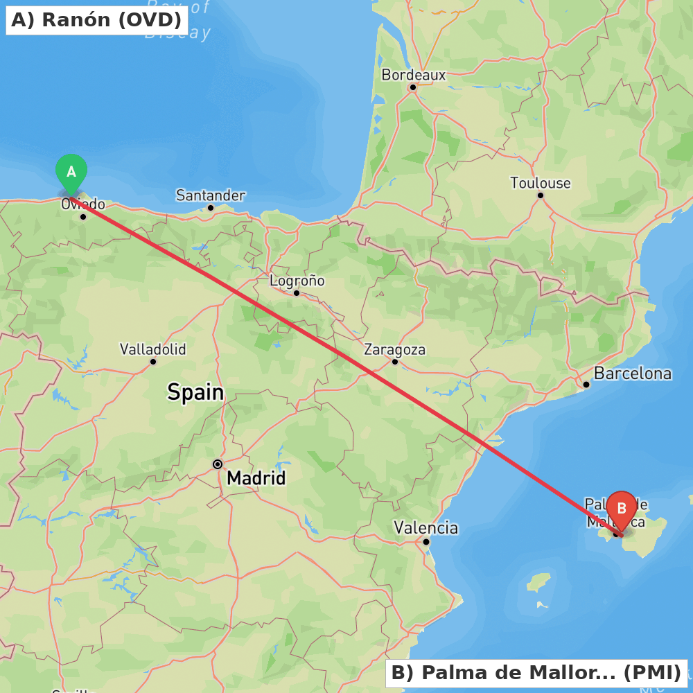 Flight route map from Ranón to Palma de Mallorca