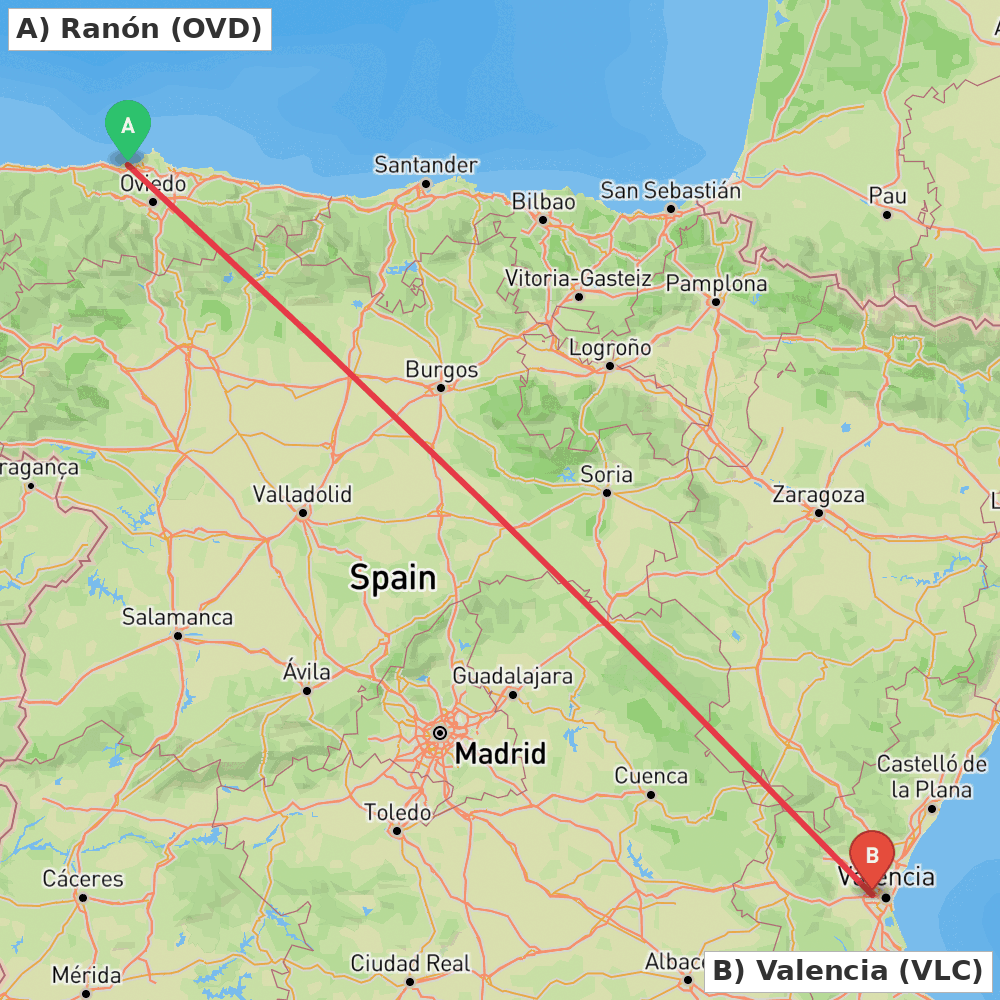 Flight route map from Ranón to Valencia