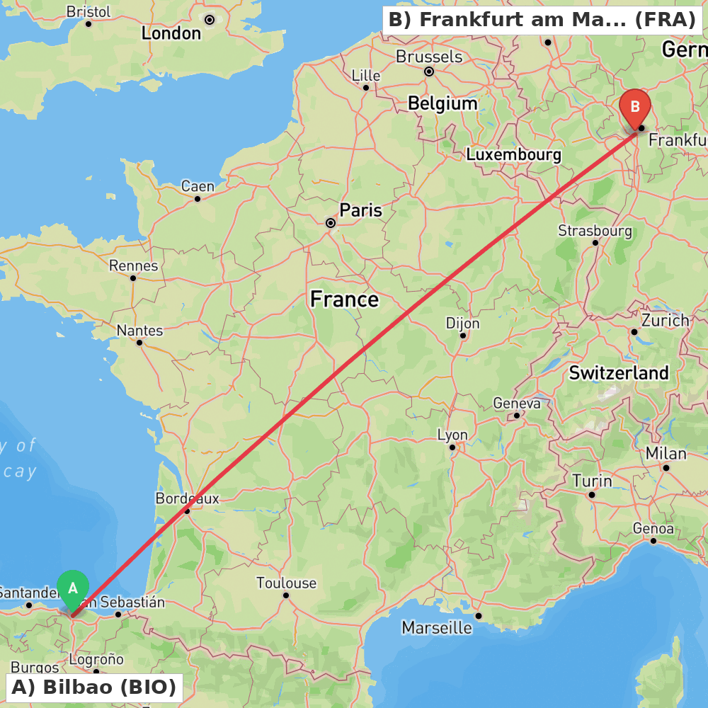Flight route map from Bilbao to Frankfurt am Main