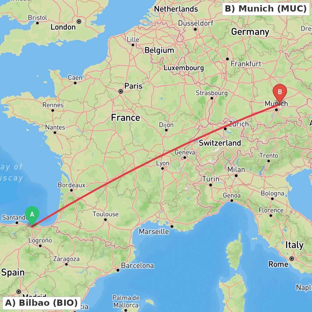Flight route map from Bilbao to Munich