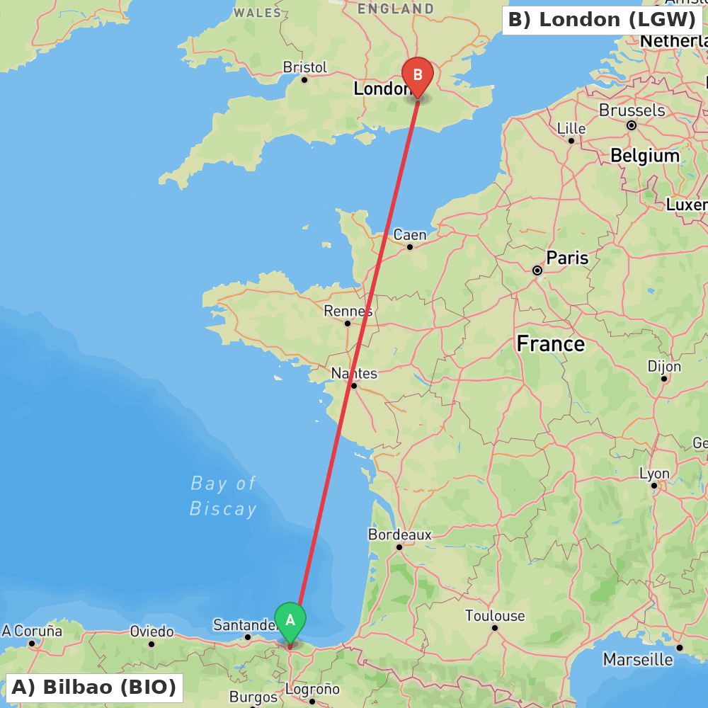 Flight route map from Bilbao to London