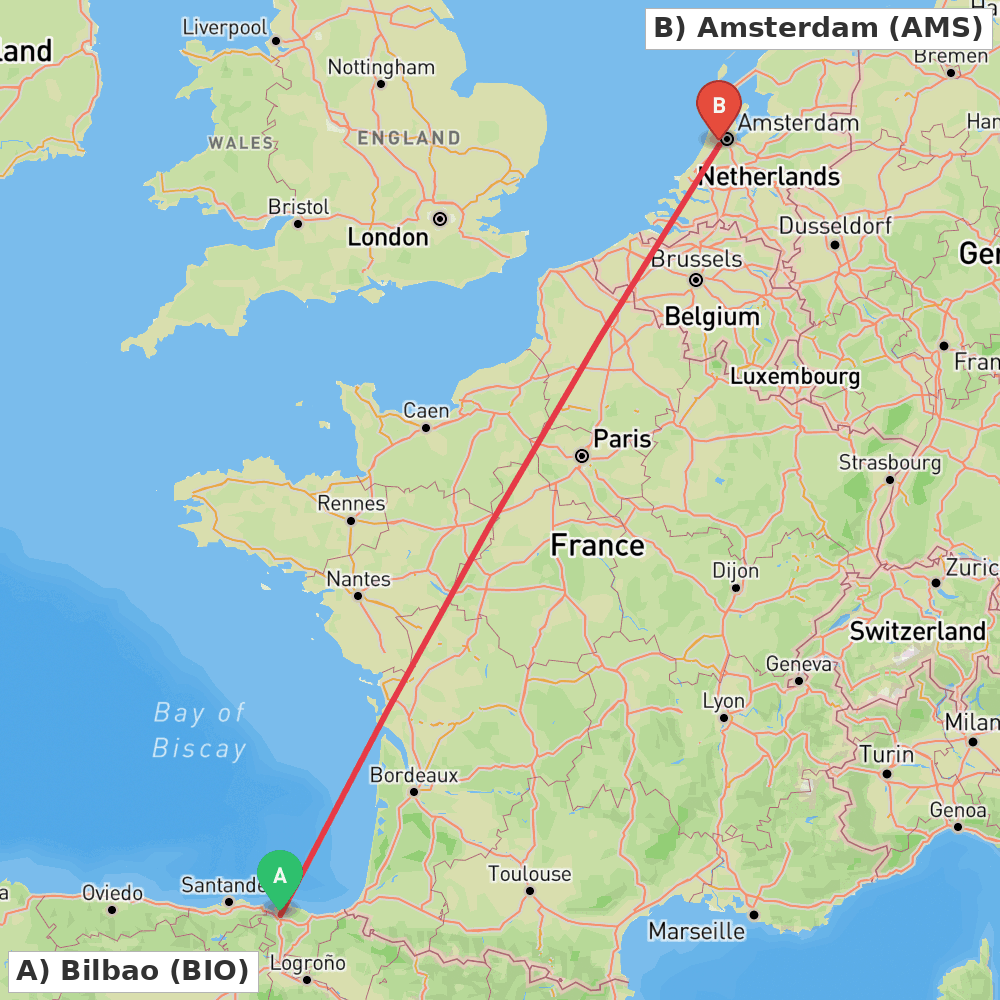 Flight route map from Bilbao to Amsterdam