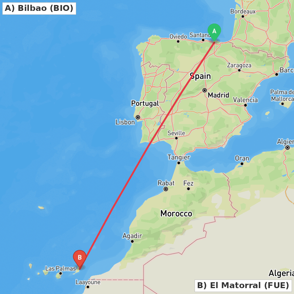 Flight route map from Bilbao to El Matorral
