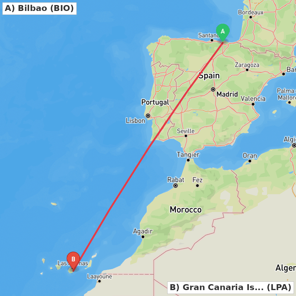 Flight route map from Bilbao to Gran Canaria Island
