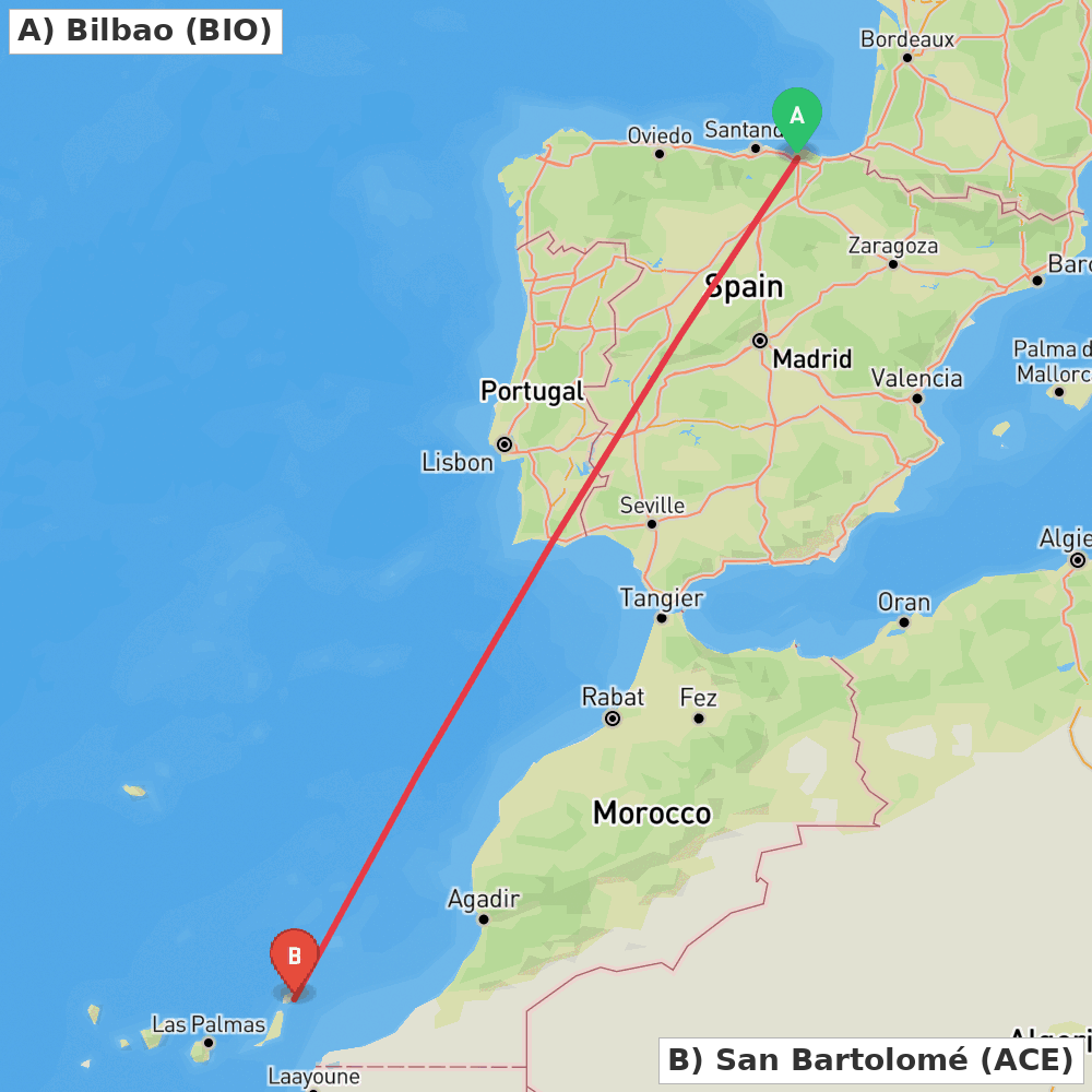 Flight route map from Bilbao to San Bartolomé