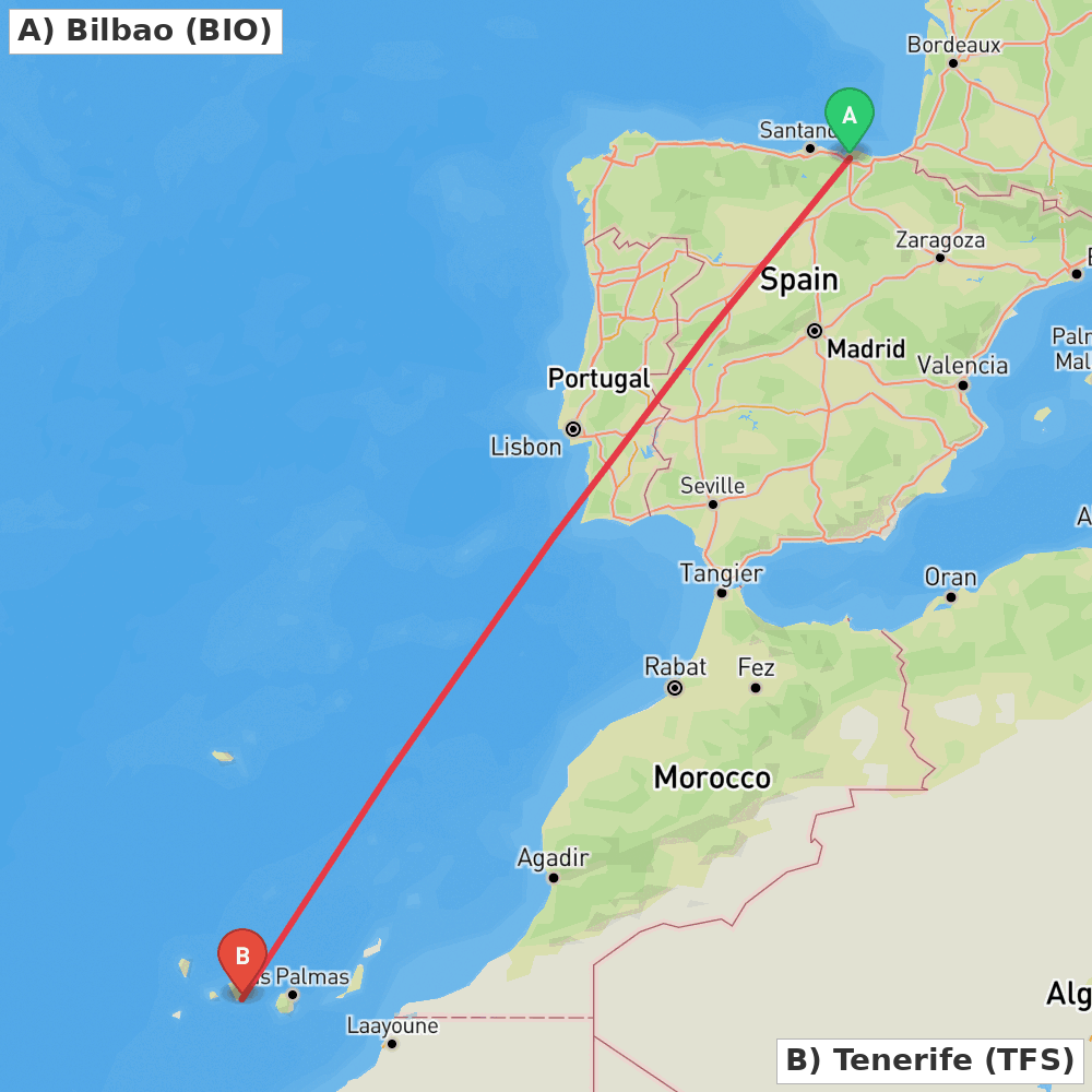 Flight route map from Bilbao to Tenerife