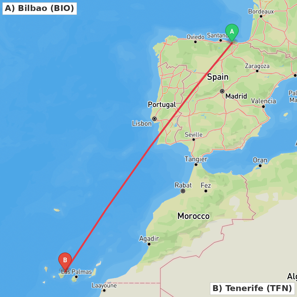 Flight route map from Bilbao to Tenerife