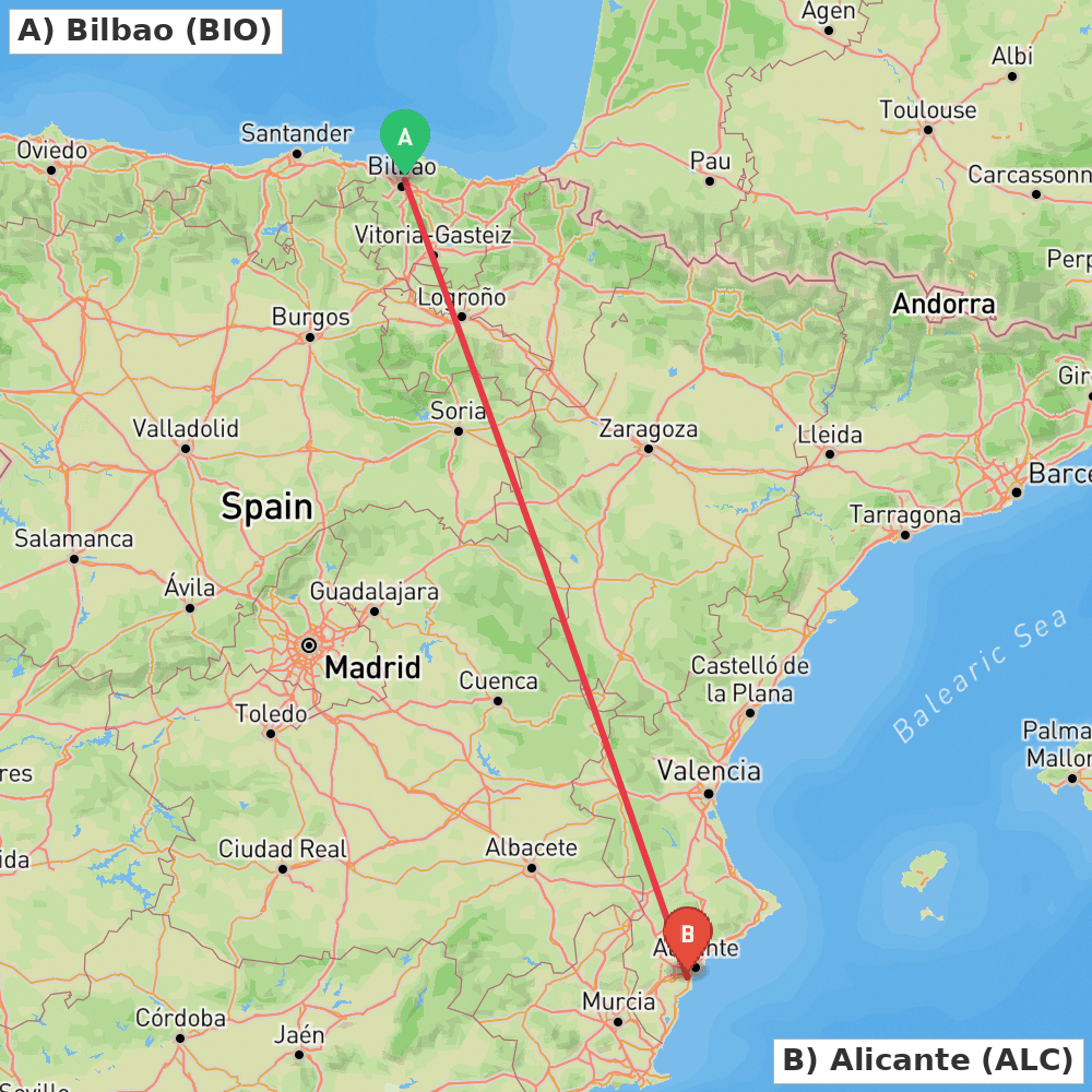 Flight route map from Bilbao to Alicante