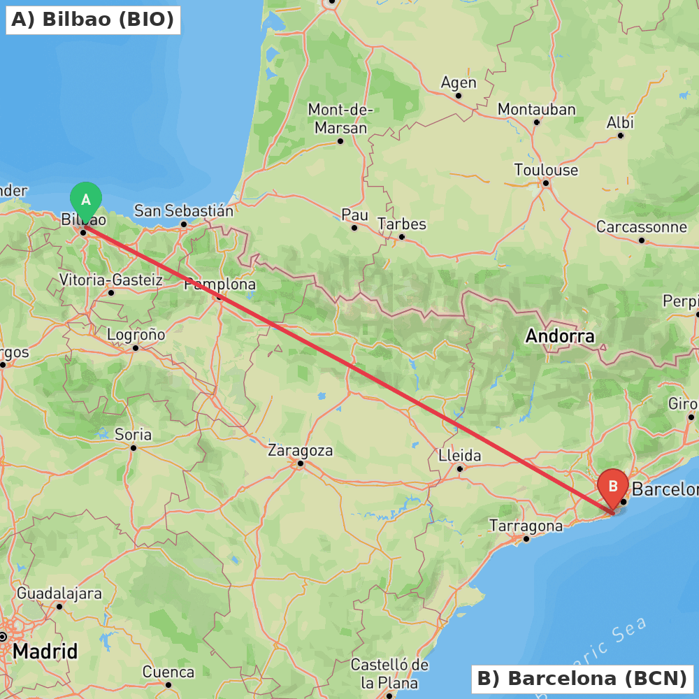 Flight route map from Bilbao to Barcelona