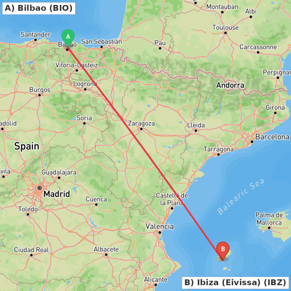 Flight route map from Bilbao to Ibiza (Eivissa)