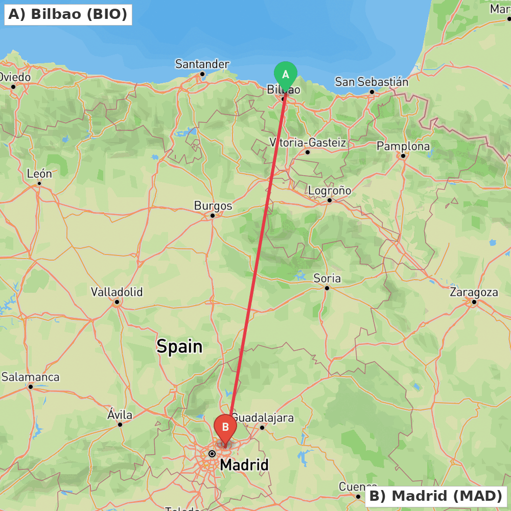 Flight route map from Bilbao to Madrid