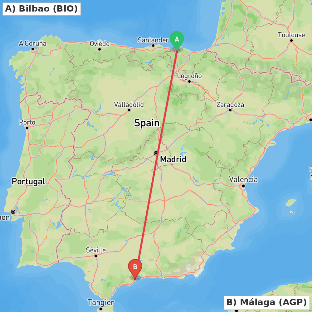 Flight route map from Bilbao to Málaga