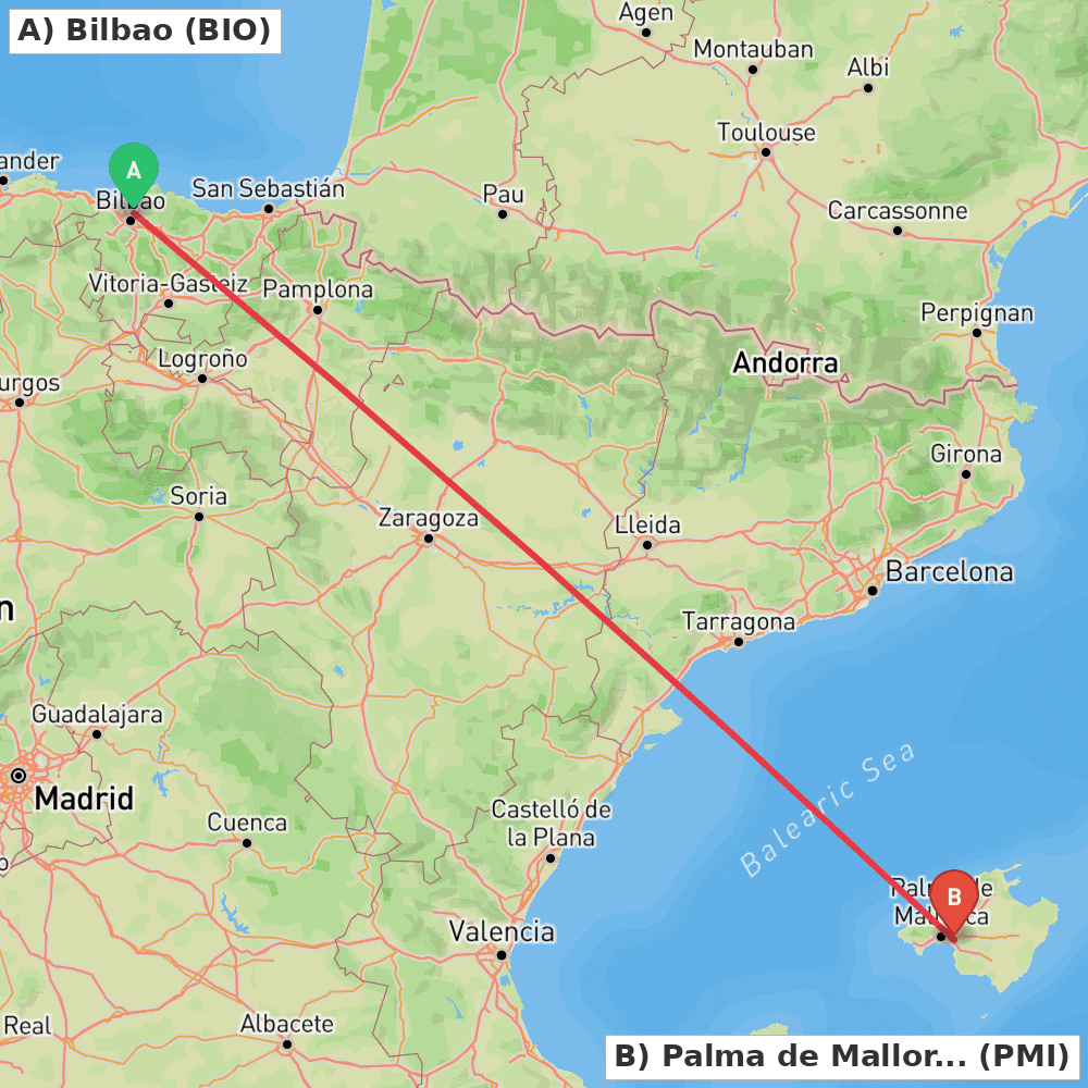 Flight route map from Bilbao to Palma de Mallorca