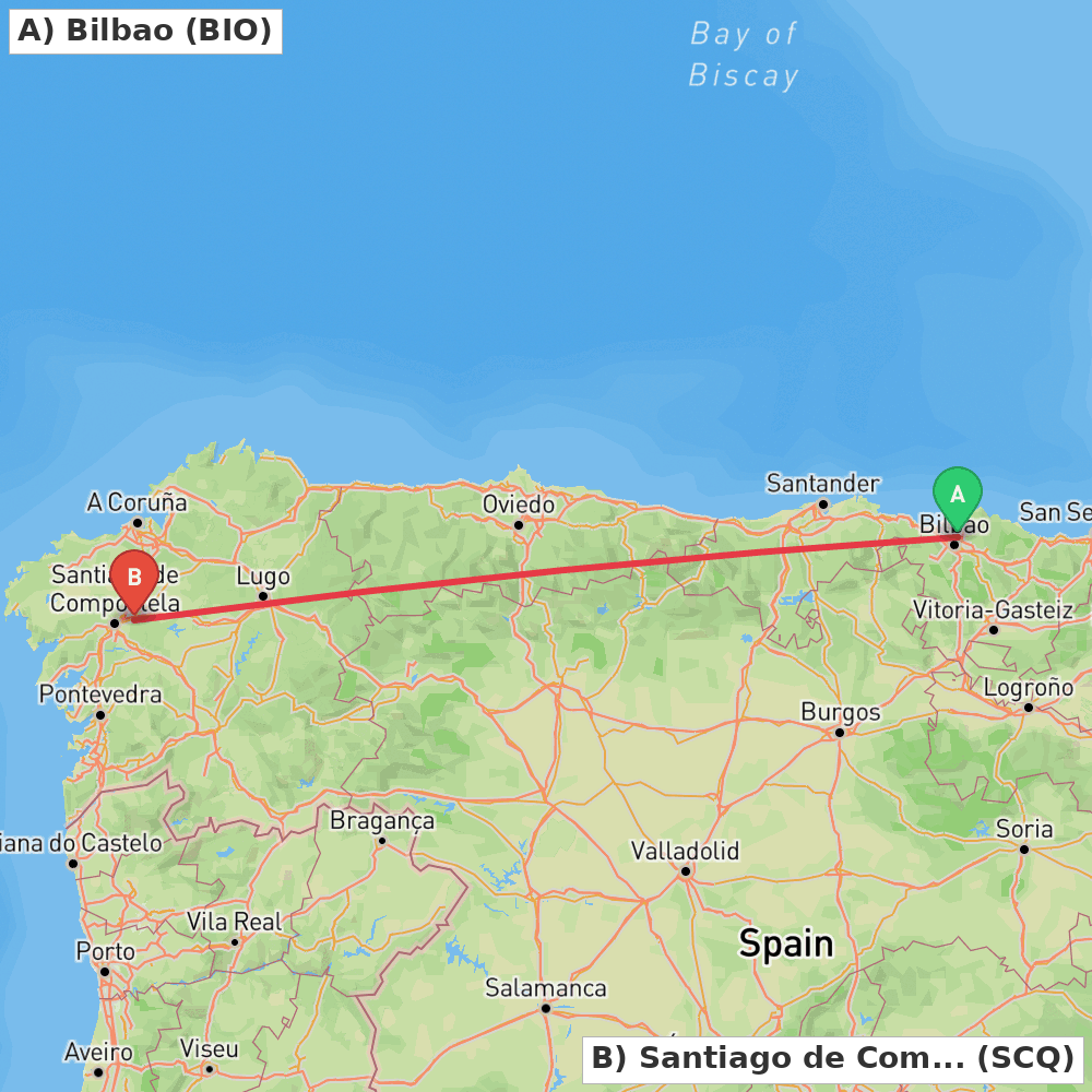 Flight route map from Bilbao to Santiago de Compostela