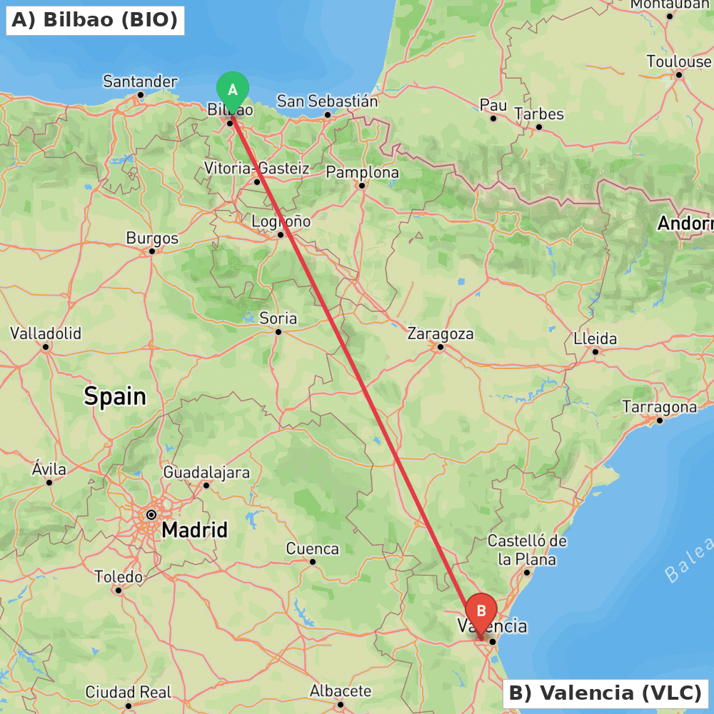 Flight route map from Bilbao to Valencia