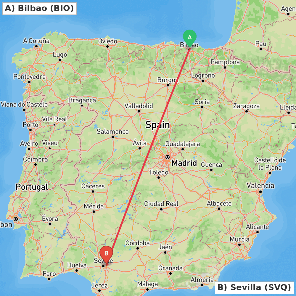 Flight route map from Bilbao to Sevilla