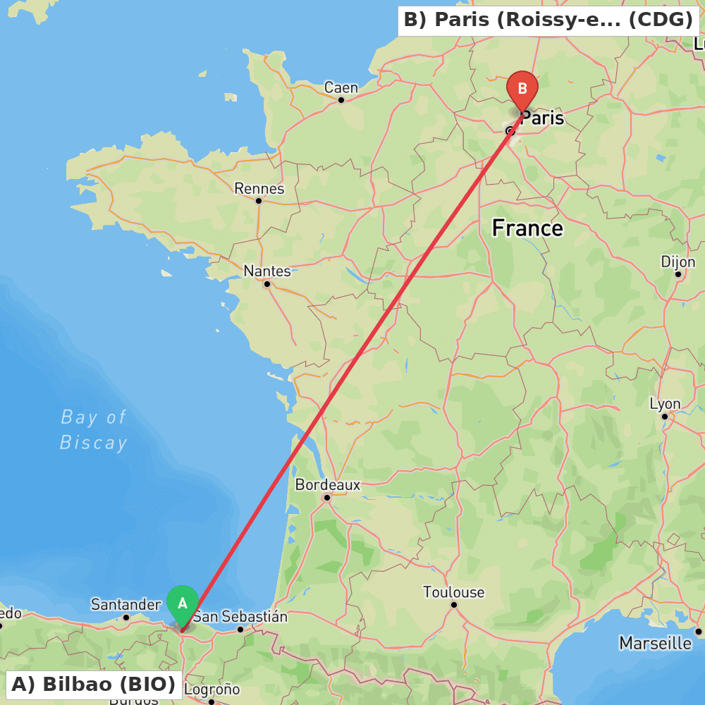 Flight route map from Bilbao to Paris (Roissy-en-France, Val-d'Oise)