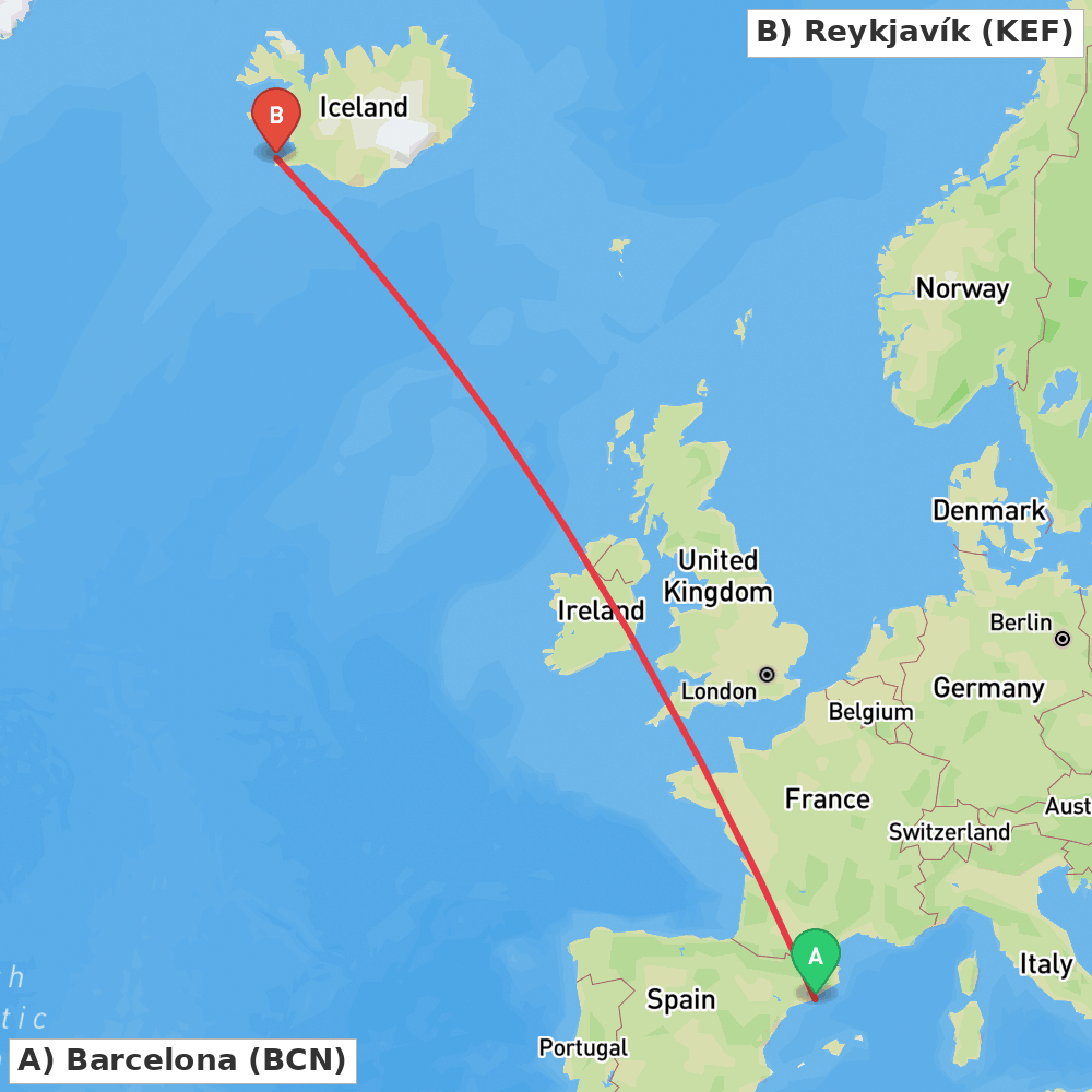 Flight route map from Barcelona to Reykjavík