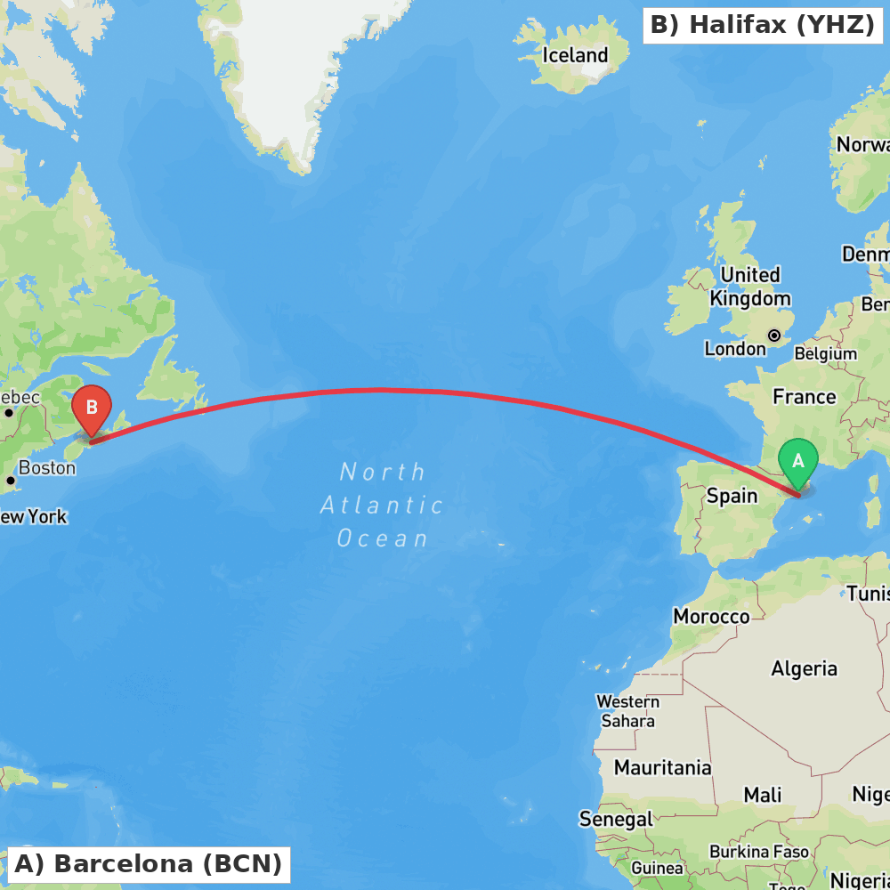 Flight route map from Barcelona to Halifax