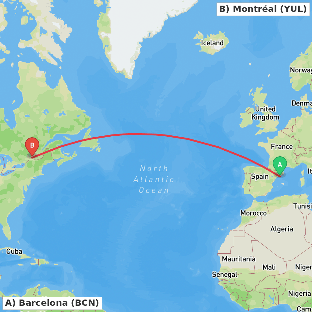 Flight route map from Barcelona to Montréal