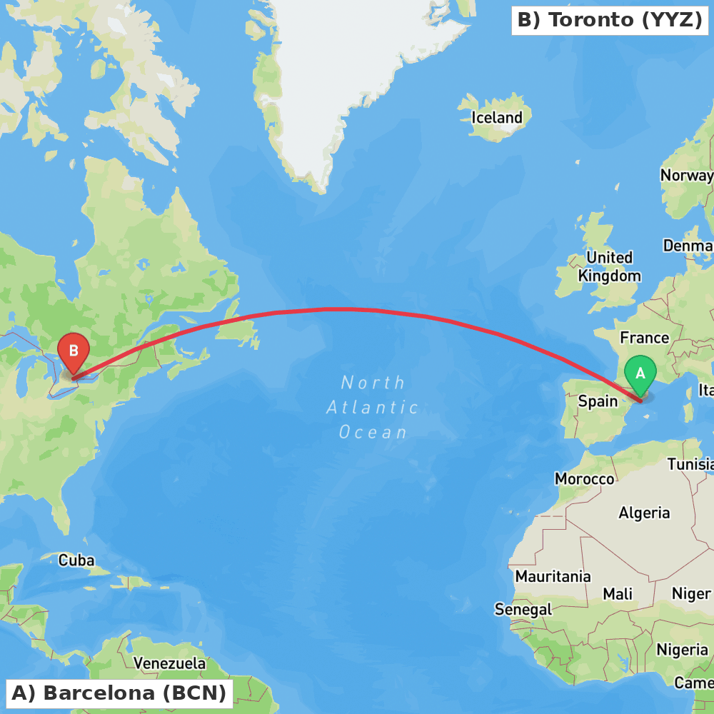 Flight route map from Barcelona to Toronto