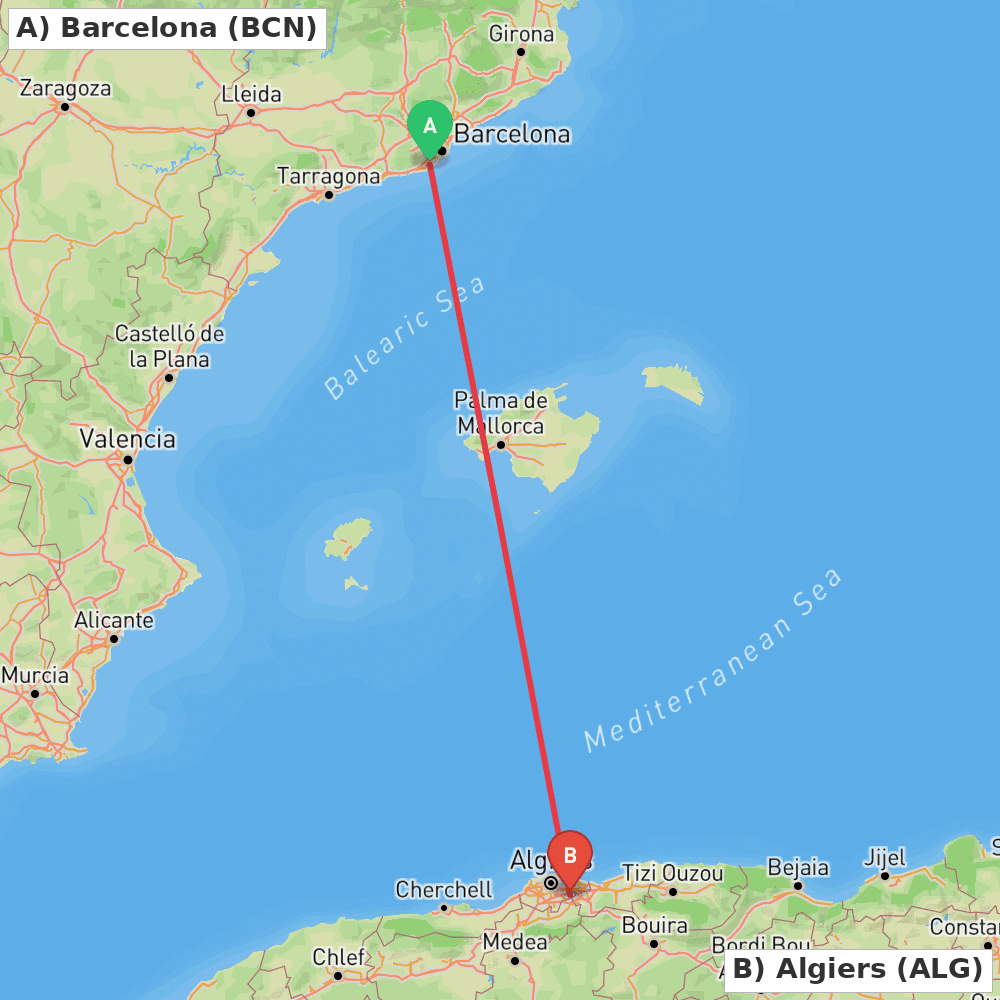 Flight route map from Barcelona to Algiers