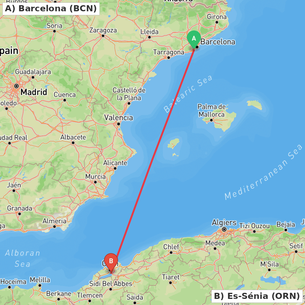 Flight route map from Barcelona to Es-Sénia