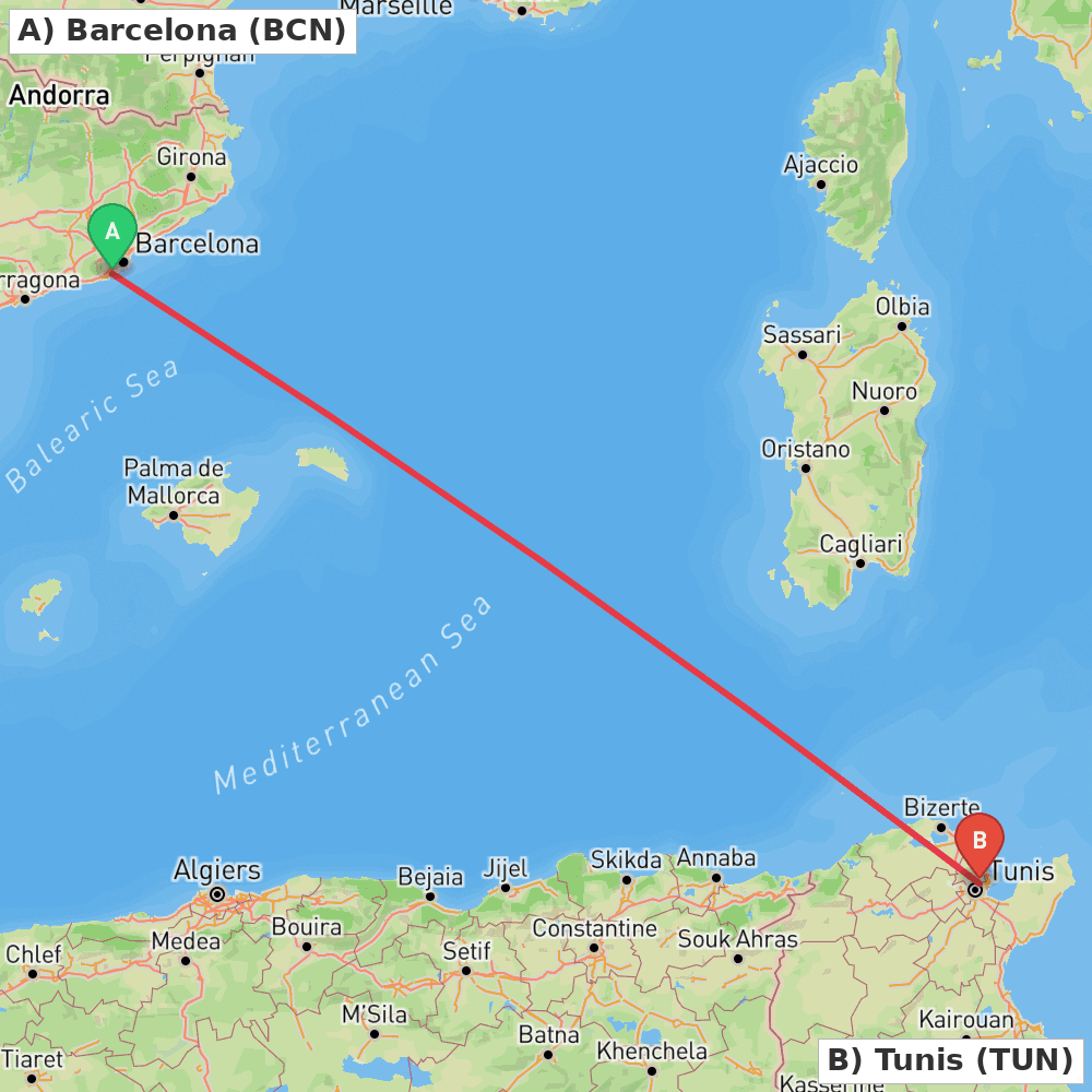 Flight route map from Barcelona to Tunis