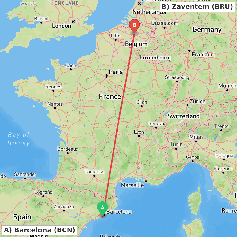 Flight route map from Barcelona to Zaventem