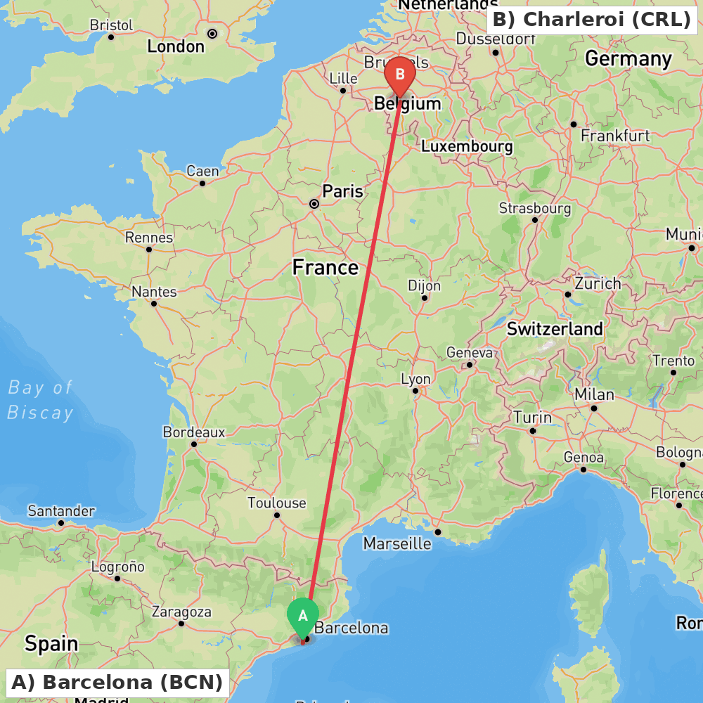 Flight route map from Barcelona to Charleroi